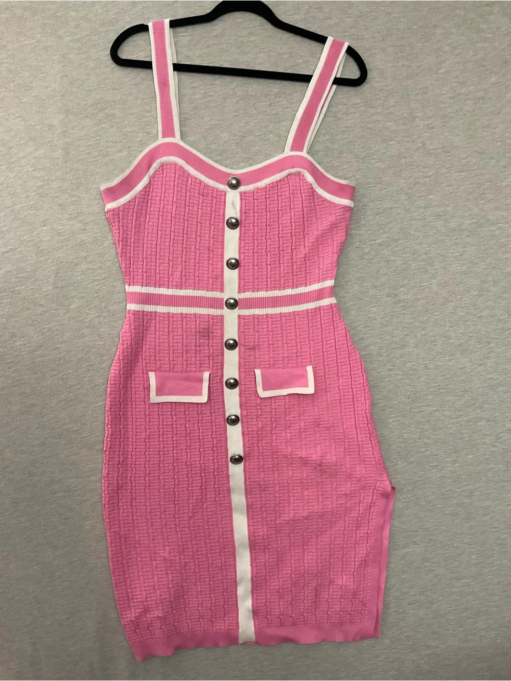 Fashion nova Pink Knit Button-Front Sheath Dress with White Trim - Picture 2 of 7